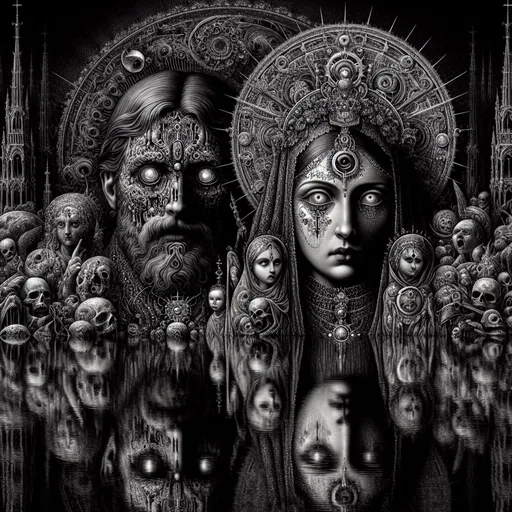 Prompt: Surreal, eerie, macabre, Junji Ito manga style illustration of a man and a woman, reflecting on a lake surface, surreal, Catholicism, Virgin Mary, Hindu Goddess Kali, zdzisław beksiński, detailed faces, high-contrast shadows, surreal reflection, dark, gothic, haunting, eerie atmosphere, intricate details, black and white, surrealism, surreal composition, intense gaze, haunting beauty, high quality, detailed, detailed eyes, eerie lighting