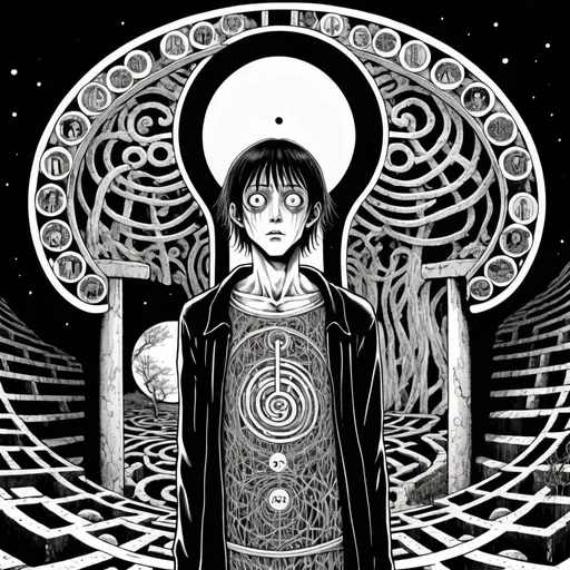 Prompt: Junji Ito manga style, the hermit: tarot card 9, a person born with a male organ, in front of a complex labyrinth,  manga scene 