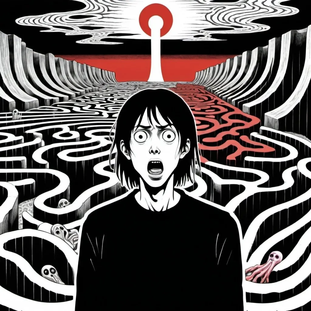 Prompt: Junji Ito manga style, Munch's the scream, a person born with a male organ, in front of a complex labyrinth,  manga scene 