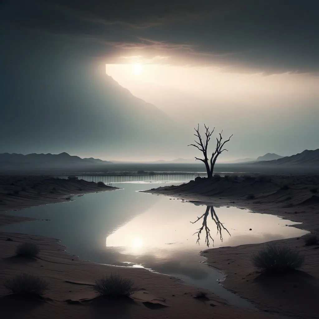 Prompt: (calm scene), vast desolate landscape, the desert of the real, misty surroundings, soft muted colors, cool tones, ethereal lighting, internal emotional turmoil expressed, a sense of isolation, distance creating depth, hauntingly beautiful yet melancholic, ultra-detailed, 4K resolution, captures the essence of solitude and introspection, evoking feelings of loneliness and reflection.