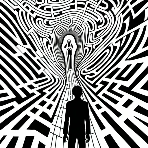 Prompt: Munch's the scream, a person born with a male organ, in front of a complex maze, also looks like a tangled web of lines and arrows, puzzled or confused, Surreal,  manga scene 