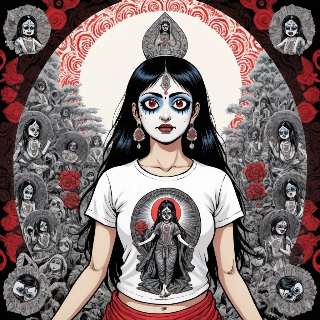 Prompt: Junji Ito manga style, Hindu Goddess Kali wears a Virgin Mary T-Shirt, with motifs from Peruvian "chica" culture, Manga Scene