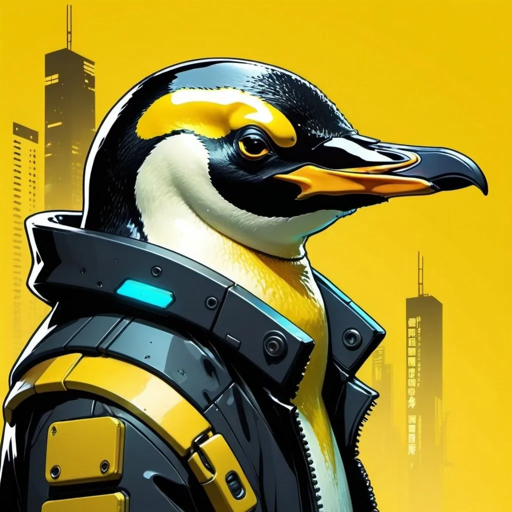 Prompt: Profile of a penguin in cyberpunk style,Yellow background,japanese comic style