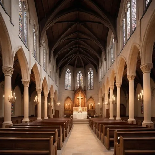 Prompt: Generate an image of a Gothic-style church interior. The church should have tall stained glass windows depicting religious scenes, wooden pews arranged in rows, and a central aisle leading to an ornate altar. The altar should be adorned with golden decorations, candles, and floral arrangements. The architecture should feature stone arches and columns, with intricate carvings and a high vaulted ceiling. The lighting should be soft and ambient, creating a serene and reverent atmosphere