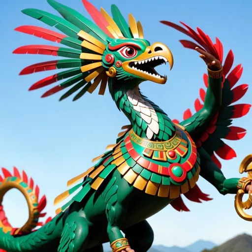 Prompt: Una representación de Quetzalcóatl partiendo hacia el horizonte dorado 