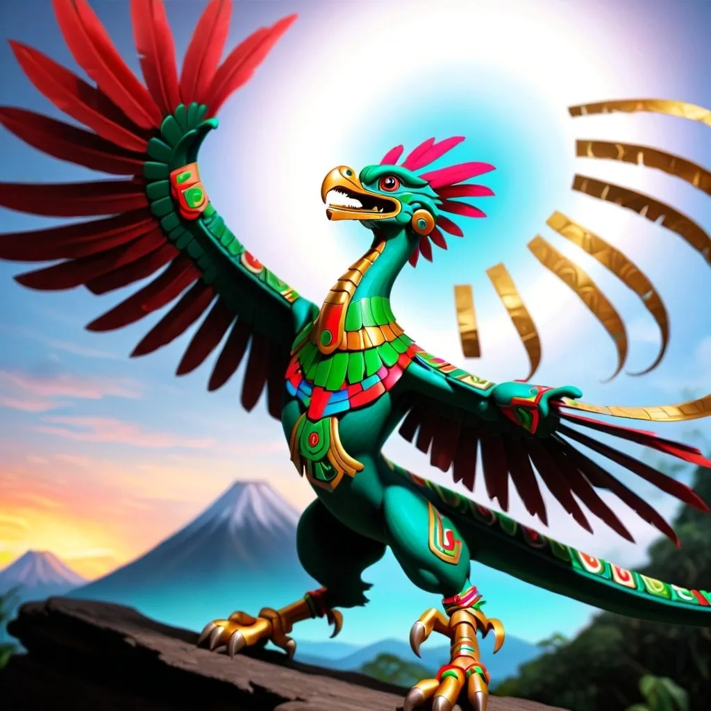 Prompt: Una representación de Quetzalcóatl partiendo hacia el horizonte dorado 