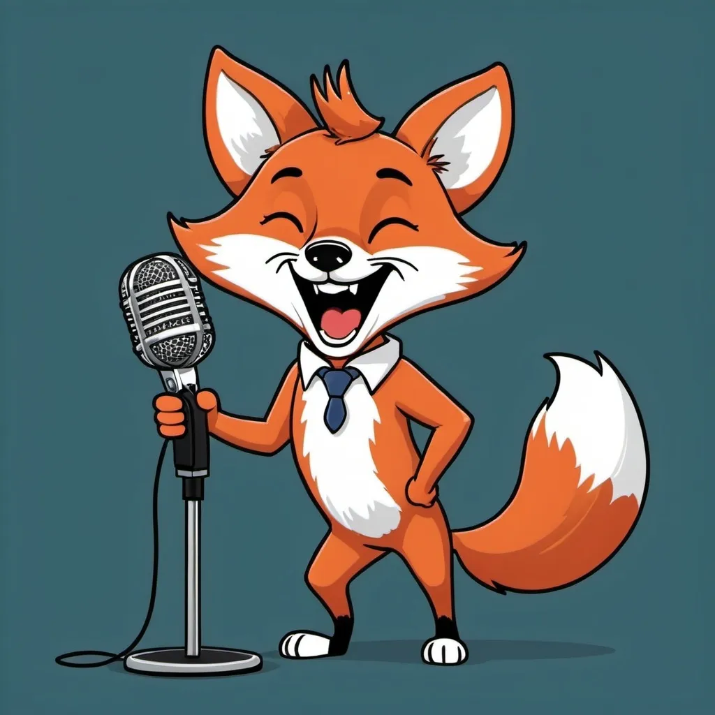 Prompt: A cartoon fox holding a standing mic and laughing