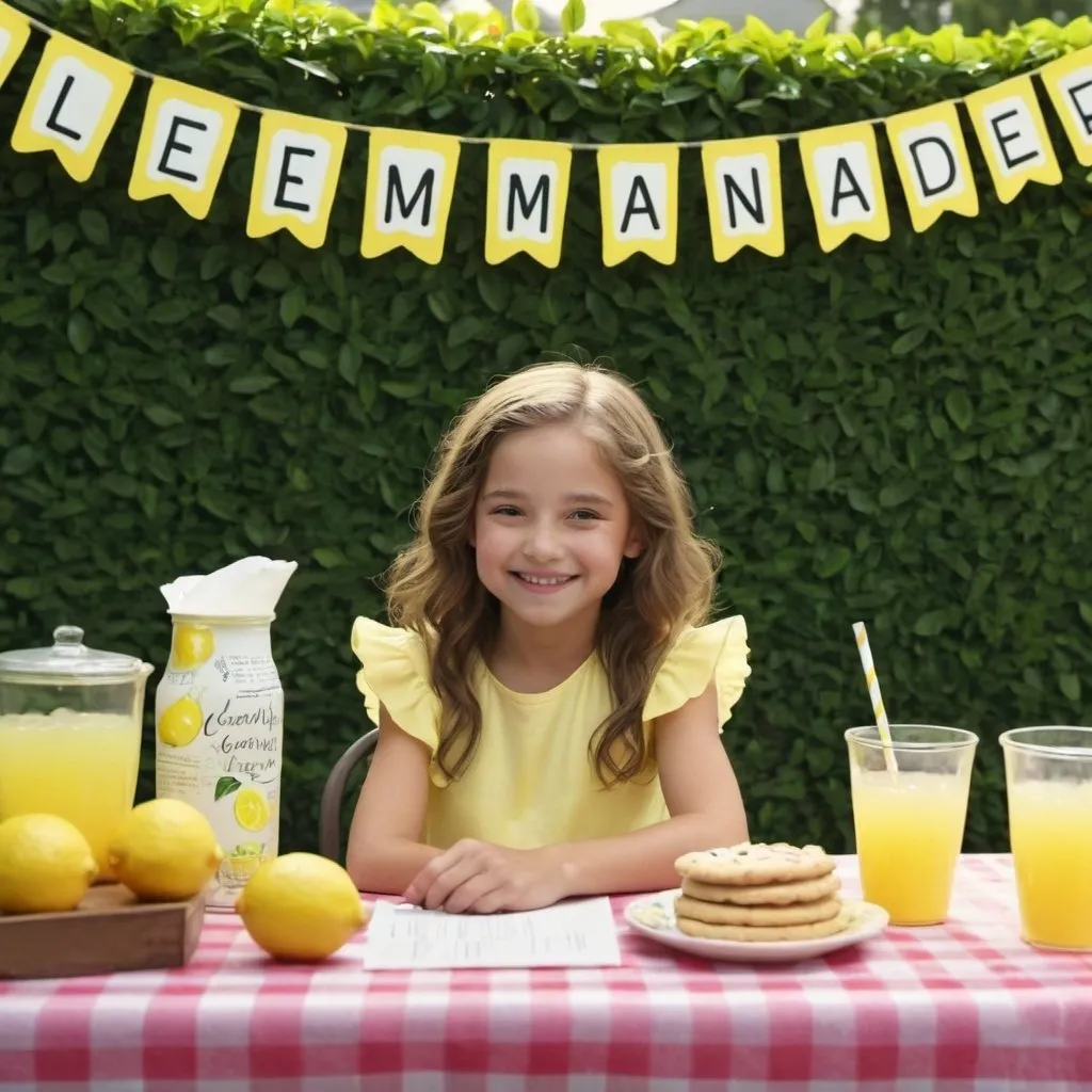 Prompt: masterpiece, best quality, a six year old girl with brown wavy shoulder length hair, seated at a sidewalk lemonade stand table with lemonade stand sign, pitcher of lemonade and paper cups and cookies for sale on table, intricate, smile, happy, green hedge in background 4k