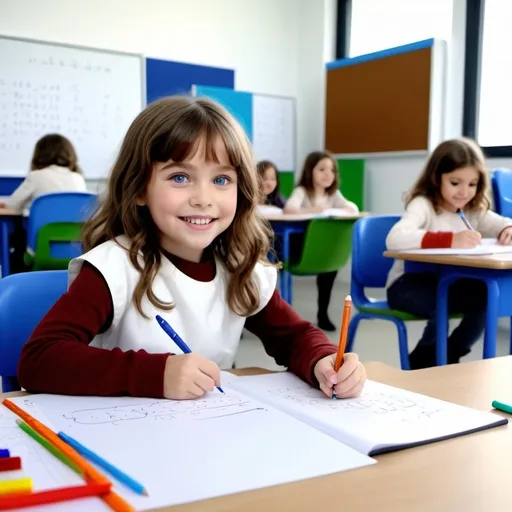 Prompt: masterpiece, best quality, a six year old girl with brown wavy shoulder length hair, blue eyes, intricate, smile. She is writing math  at a desk in a white room with a pile of papers and teacher facing a whiteboard in the background, 4k