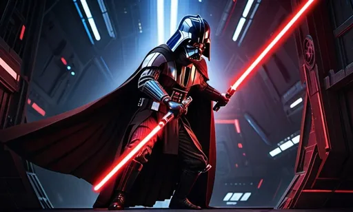 Prompt: Sith assassin, Jedi Knight, TIE fighter rooftop battle in space, high-res, detailed, dynamic action, cinematic lighting, Star Wars-inspired, intense red and blue tones, glowing lightsabers, menacing facial features, sharp and dramatic shadows, realistic space environment