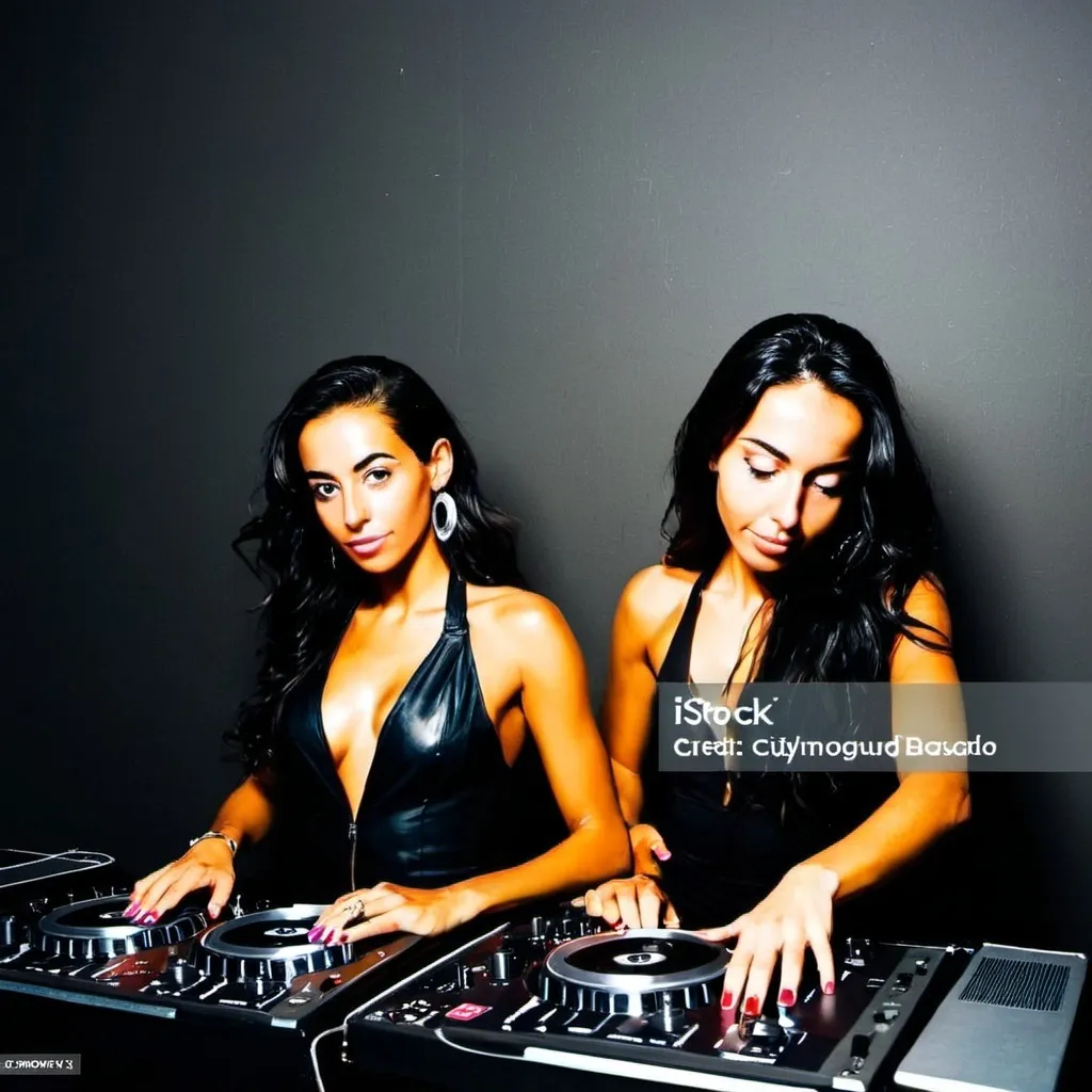 Prompt: two beautiful latina twin djing luxury background