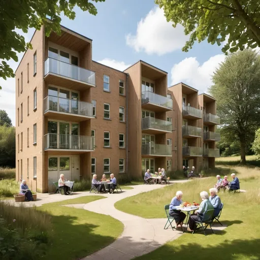 Prompt: 3 storey block of flats sets in a uk woodland habitat with elderly residents having a picnic