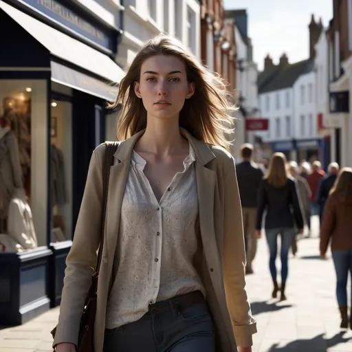 Prompt: Tall young woman walking down the high street, detailed clothing, realistic, natural lighting