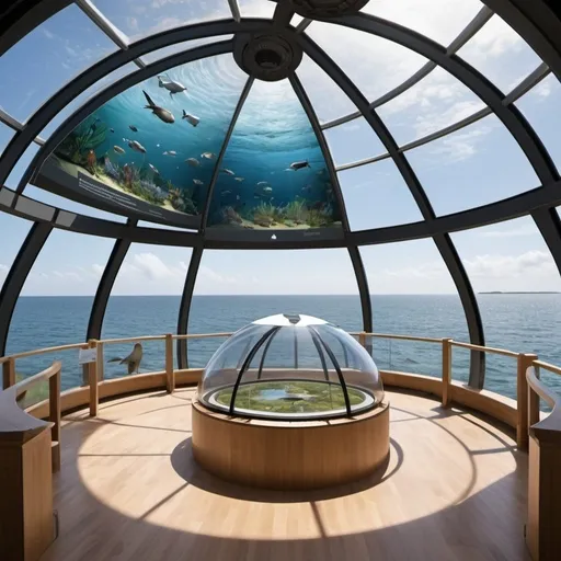 Prompt: 1. **Observation Deck in a Dome**: Create an image of a futuristic observation deck housed within a glass dome, nestled in a lush coastal environment. The dome should have large, clear panels offering unobstructed views of the surrounding wildlife and natural landscape.

2. **Wildlife Viewing**: Show various coastal animals visible from the observation deck, such as birds, small mammals, and marine life. The deck should be elevated to provide a panoramic view of the habitat.

3. **Solar Panels**: Incorporate solar panels on the roof or integrated into the design of the dome, emphasizing the sustainable and eco-friendly aspects of the structure.

4. **Interactive Learning Elements**: Add details like interpretive signage, digital displays, or VR stations within the dome, illustrating educational features about the coastal ecosystem and conservation efforts.

5. **Guided Tour**: Include friendly workers or guides within the dome, helping visitors understand the wildlife and the significance of the conservation strategies being implemented.

6. **Natural Setting**: Place the dome within a diverse coastal landscape, featuring elements like mangrove forests, sandy beaches, and coastal flora, highlighting the serene and educational nature of the location.