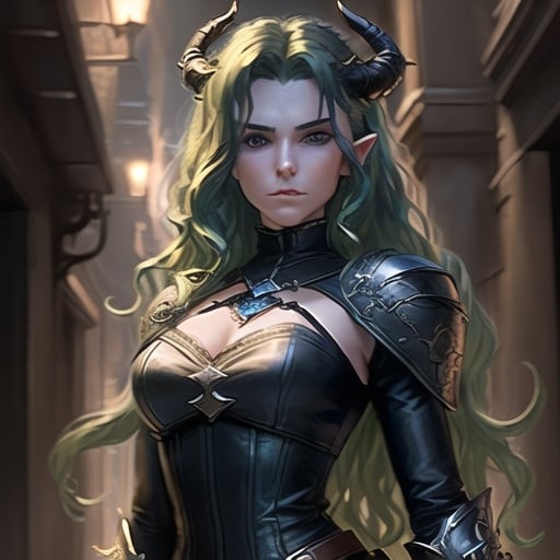 Prompt: (Masterpiece), (extremely intricate:1.3), dark alley, rogue, female with green wavy hair, standing dark alley, fantasy, DnD, the most beautiful artwork in the world, cinematic lighting, octane render, unreal engine, volumetrics dtxa portrait photography of a beautiful tiefling female, grey skin, stone gray skin, black curved horns, long green wavy hair, bright glowing blue eyes, black leather, rogue, thief, looking at viewer, detailed skin, highly detailed, diffused soft lighting, fantasy, cinematic lighting, dark studio, rim lighting, two tone lighting, dimly lit, low key, perfect proportion, perfect face, blue eyes glow in dark, perfect eyes