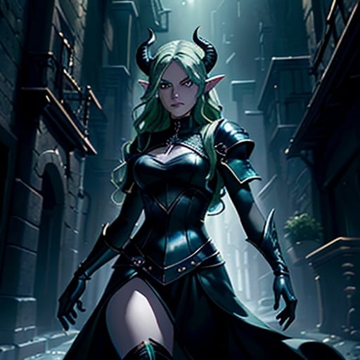 Prompt: (Masterpiece), (extremely intricate:1.3), dark alley, rogue, female with green wavy hair, standing dark alley, fantasy, DnD, the most beautiful artwork in the world, cinematic lighting, octane render, unreal engine, volumetrics dtxa portrait photography of a beautiful tiefling female,  drow, grey skin, stone gray skin, black curved horns, long green wavy hair, bright glowing blue eyes, black leather, rogue, thief, dark elf, grey elf, looking at viewer, detailed skin, highly detailed, diffused soft lighting, fantasy, cinematic lighting, dark studio, rim lighting, two tone lighting, dimly lit, low key, perfect proportion, perfect face, blue eyes glow in dark, perfect eyes