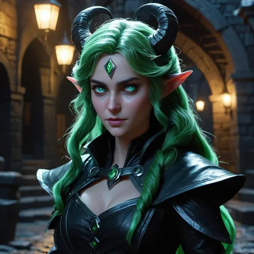 Prompt: (Masterpiece), (extremely intricate:1.3), dark alley, rogue, female with green wavy hair, standing dark alley, fantasy, DnD, the most beautiful artwork in the world, cinematic lighting, octane render, unreal engine, volumetrics dtxa portrait photography of a beautiful tiefling female, grey skin, stone gray skin, black curved horns, long green wavy hair, bright glowing blue eyes, black leather, rogue, thief, looking at viewer, detailed skin, highly detailed, diffused soft lighting, fantasy, cinematic lighting, dark studio, rim lighting, two tone lighting, dimly lit, low key, perfect proportion, perfect face, blue eyes glow in dark, perfect eyes