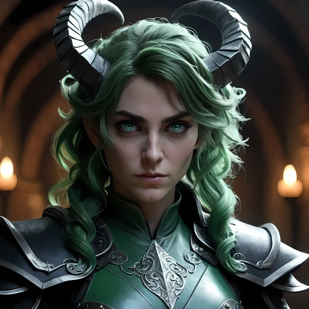 Prompt: (Masterpiece), (extremely intricate:1.3), dark alley, rogue, female with green wavy hair, standing dark alley, fantasy, DnD, the most beautiful artwork in the world, cinematic lighting, octane render, unreal engine, volumetrics dtxa portrait photography of a beautiful tiefling female, grey skin, stone Grey skin, black curved horns, long green wavy hair, bright glowing blue eyws, leather armor, rogue, thief, looking at viewer, detailed skin, highly detailed, diffused soft lighting, fantasy, cinematic lighting, dark studio, rim lighting, two tone lighting, dimly lit, low key, perfect proportion, perfect face, blue eyes glow in dark, perfect eyes