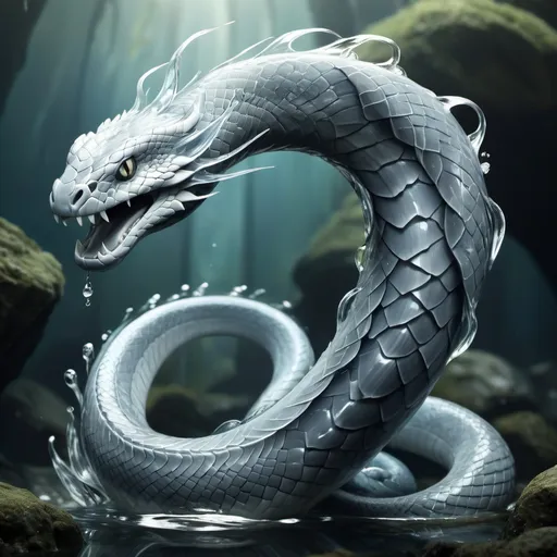 Prompt: fantasy water elemental snake, colorless, transparent, clear, two loops of tail, dorsal fin, pelvic fins