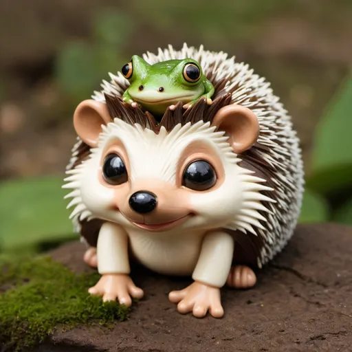 Prompt: hedgehog with frog face, brown and cream in color
