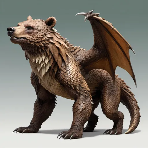 Prompt: fantasy creature, grizzly bear dragon, pointed ears, brown scales, serpentine tail, two wings, elongated torso, elongated head, elongated muzzle