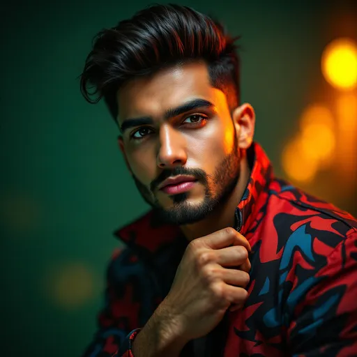 Prompt: A young man exudes confidence as he gazes intently into the camera, his strong jawline highlighted by a neatly groomed beard. He's dressed in a colorful, patterned jacket with bold shades of red and blue, giving his ensemble a modern flair. With one hand gripping the collar, he presents a sense of attitude and style, while the background remains softly blurred in a dark green hue that accentuates his features and the vibrancy of his attire. The lighting is warm and dramatic, creating a captivating contrast that emphasizes his expressive eyes and the details of his clothing, contributing to an overall mood of charisma and self-assuredness.