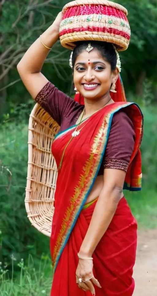 Prompt: a woman in a red sari carrying a basket on her head and smiling at the camera with a smile on her face, Ella Guru, samikshavad, promotional image, a picture