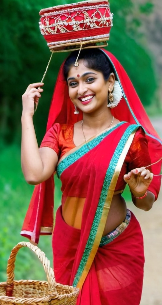 Prompt: a woman in a red sari carrying a basket on her head and smiling at the camera with a smile on her face, Ella Guru, samikshavad, promotional image, a picture