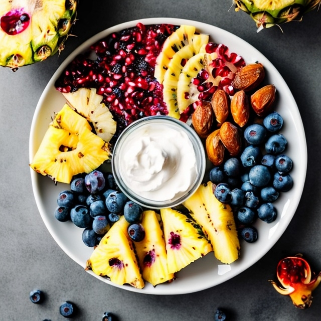 Prompt: A plate filled with 200 grams of Greek yogurt, 2 pineapple bites, 50 grams of blueberries, 1 sliced apricot, 3 dates, a lot of
pomegranate seeds