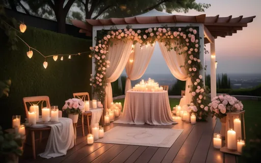 Prompt: Heart-shaped candlelight backdrop setup, romantic evening on a patio and garden , adorned with an exquisite backdrop of blooming roses, gentle breeze, soft flickering candlelight reflecting off a lovely wooden silk drape table and chairs, serene open sky featuring a luminous moon and twinkling stars, enchanting atmosphere, cozy and intimate vibe with a couple sharing a tender moment, ultra-detailed, 4K quality, capturing the essence of love and tranquility.