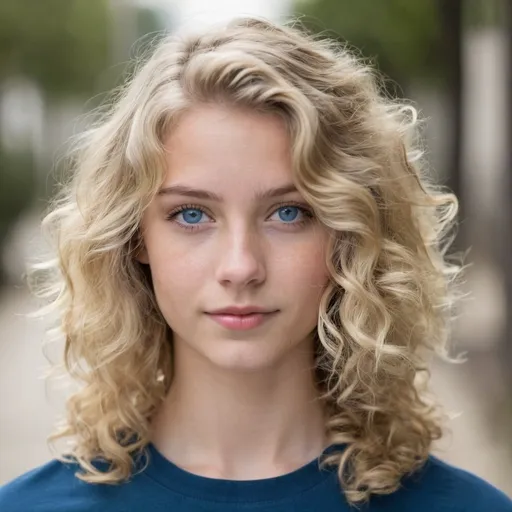 Prompt: A young woman, 20 years old, with shoulder length blonde wavy hair, blue eyes. She is slim and athletic.