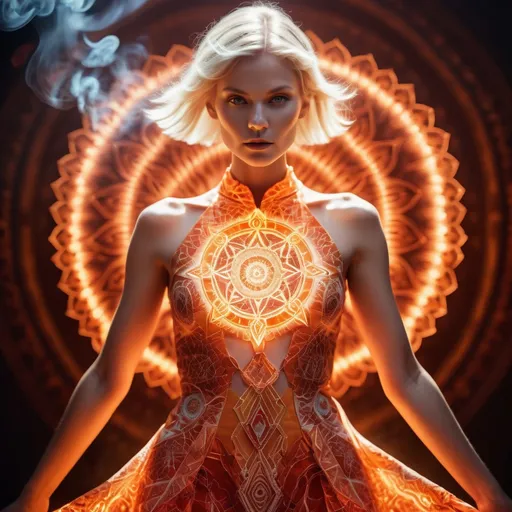 Prompt: Very detailed, Haute Couture, Chakra points glowing in bright fire light, bright colored dress of divine feminine form made of glowing electrical energy and smoke, Mandala, Nordic woman with short blonde hair, High Fashion. Dramatic Lighting