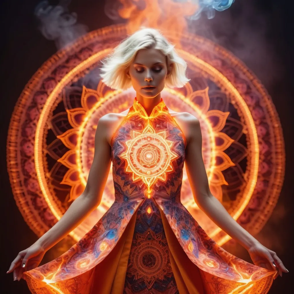 Prompt: Very detailed, Haute Couture, Chakra points glowing in bright fire light, bright colored dress of divine feminine form made of glowing electrical energy and smoke, Mandala, Nordic woman with short blonde hair, High Fashion