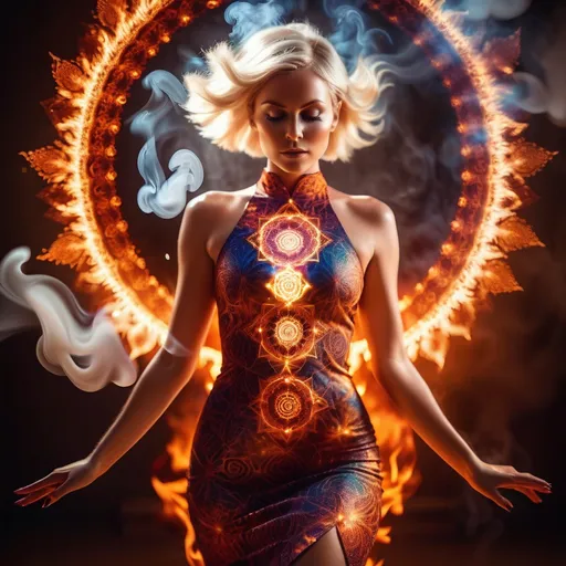 Prompt: Fashion Photography, Chakra points glowing in bright fire, bright colored bodycon dress of divine feminine form made of sparking electrical energy and smoke, Mandala, Nordic woman with short blonde hair, Dramatic Lighting