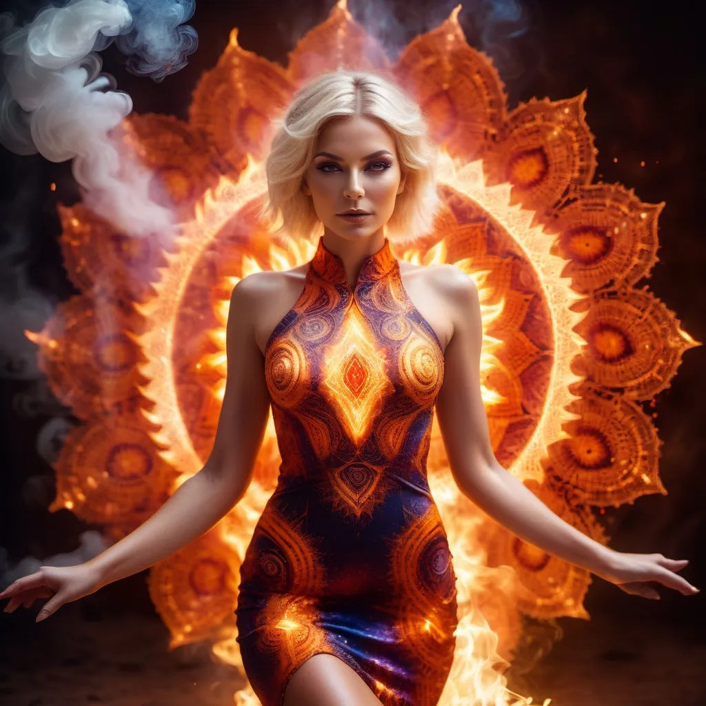 Prompt: Fashion Photography, Chakra points glowing in bright fire, bright colored bodycon dress of divine feminine form made of sparking electrical energy and smoke, Mandala, Nordic woman with short blonde hair, Dramatic Lighting