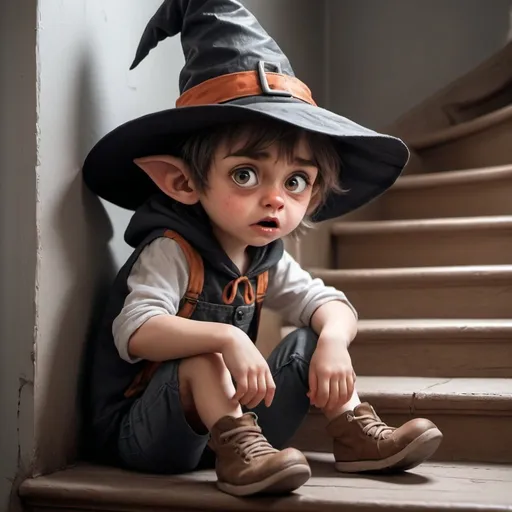 Prompt: Draw a werewolf child, dressed in casual clothes, wearing a witch's hat, sitting in a corner, scared, with a tender look and tearful eyes.