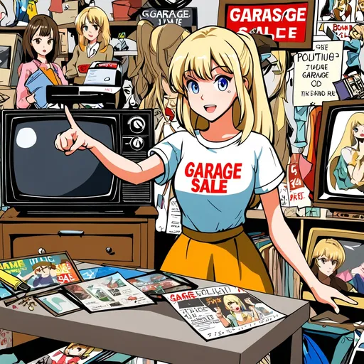 Prompt: Draw an anime blonde beautiful girl,  with a garage sale sign. She's pointing some articles like old TV, jewelry, clothes, and other sort of things.