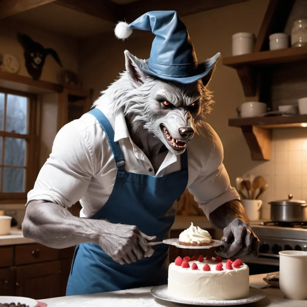 Prompt: A handsome werewolf baking a cake. He uses a whtcher hat.