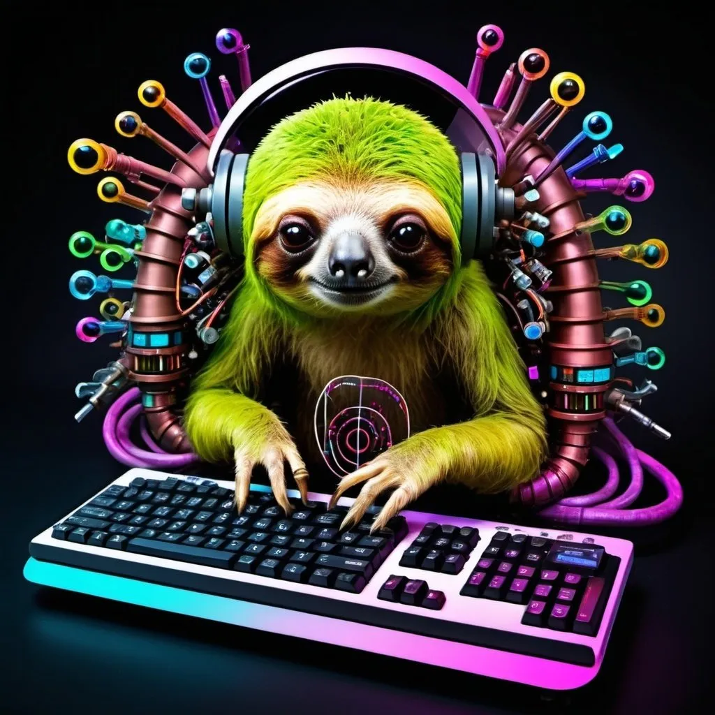 Prompt: Draw three electronic vacuum tubes with a lot of colors, fusioned with modern tech as a main mother board of a strange computer with an alien letters on screen. The keyboard has strange keys and symbols too. The computer is operated by a tropical sloth, he uses a virtual visor on his head.
