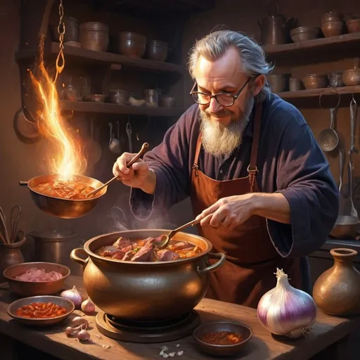 Prompt: Draw a sorcerer, about 40 years old, preparing a tasty meat stew in a bronze pot. The magician wears glasses, he is fit, the kitchen is magical, there are things floating, like onions, garlic, ladles, in a happy atmosphere, luminous with golden light.