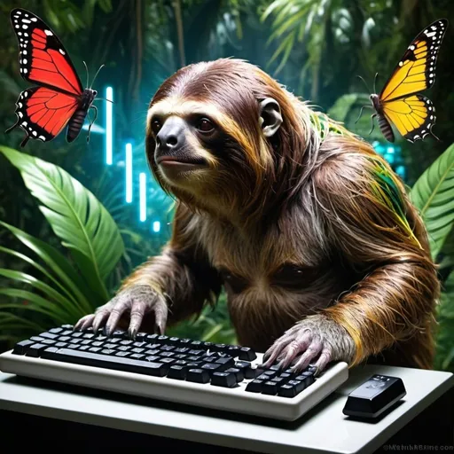 Prompt: Draw three electronic vacuum tubes with a lot of colors, fusioned with modern tech as a main mother board of a strange computer with an alien letters on screen. The keyboard has strange keys and symbols too, but this keyboard only has 10 keys. The computer is operated by a tropical sloth variant, but it is an intelligent  hybrid new race. He is sits in front of the computer, right side. The backgroud is an exotic tropical forest, with rich vegetation, and many colorfull butterflies.
