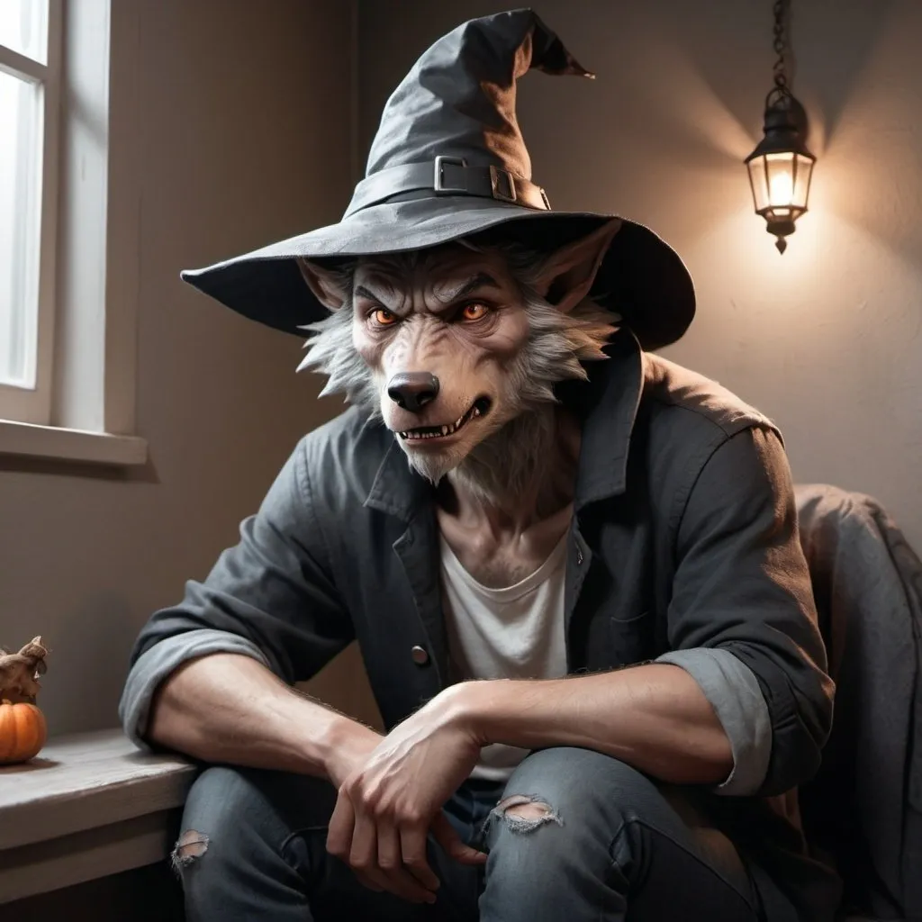 Prompt: Draw a werewolf , dressed in casual clothes, wearing a witch's hat, sitting in a corner,, with a tender look and tearful eyes.