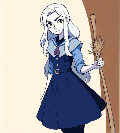 Prompt: Draw Diana Cavendish from Little witch academia, in Pixar style, holding a broomstick. A powerful witch, but beautiful and mysterious.