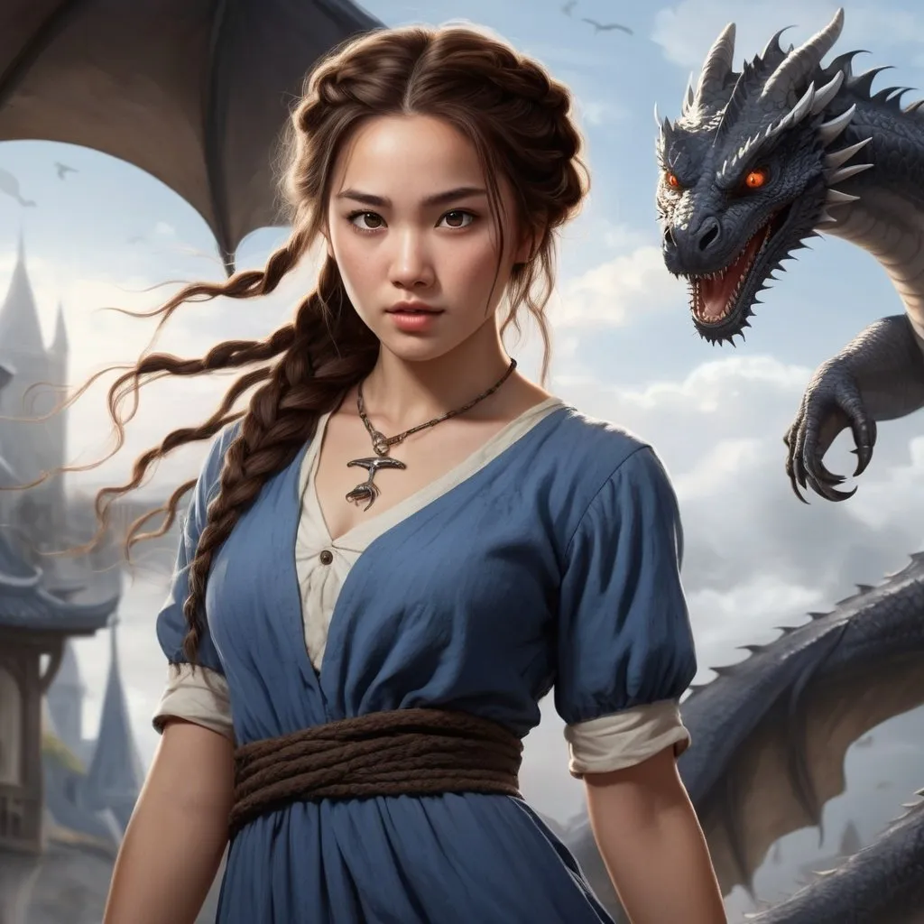 Prompt: Powerful young adult witch with bright  eyes, half asian, long messy brown hair tied back in a plait, wearing short-sleeved blue dress with white rim and necklace, there are two dragons flying in the background, one of the dragons is pure white and the other dragon is black, fantasy, medieval, magical, mysterious, highres, detailed, fantasy art, medieval style, mystical, bright eyes, detailed hair, elegant design, professional, atmospheric lighting, dramatic pose