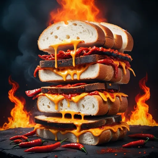 Prompt: Evil sandwich (Super burnt bread)
First layer : Fire
Second layer: Spicy hot hell pepper
Third layer: evil cheese

(MAN SCREAMING IN BACK SAYING "EVIL SAMMY OH HECK NAW"

