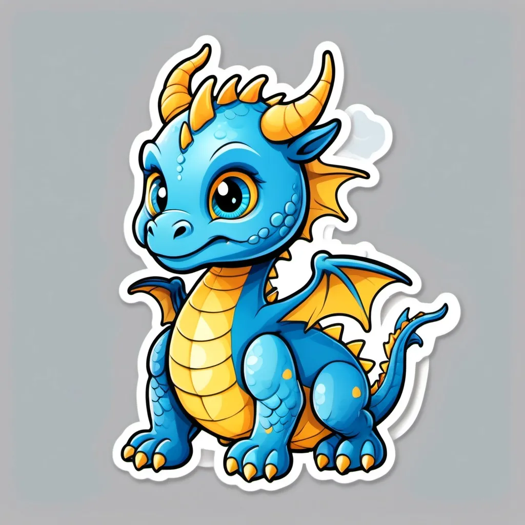 Prompt: Creates a stiker of a baby dragon in colors ranging from gold to blue, with horns, small wings and tail. 
The dragon includes a figure 1, which is the same height as the dragon with the tail 
transparent background