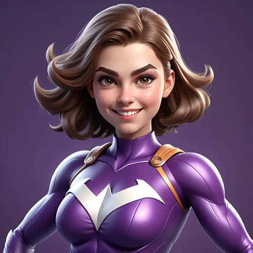 Prompt: Original designRaised eyebrows, Smiling expression ( female superhero with mind control powers), (brown hair), (teenager), 3D character, full-body digital illustration, high quality, ultra-detailed textures, high resolution, (purple theme), striking costume design, dynamic pose showcasing personality , vivid background elements that reflect the mind control theme, trending on ArtStation, captivating ambiance.