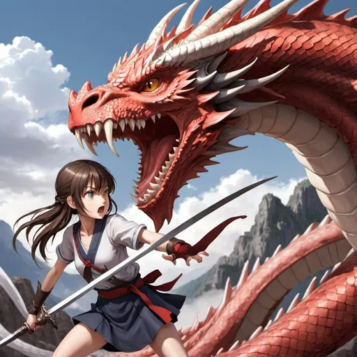 Prompt: anime girl fighting a dragon