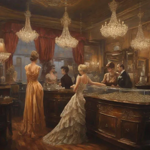 Prompt: Vintage-style oil painting of a pawnshop interior with elegant women, luxurious jewelry, warm tones, detailed lace dresses, classic atmosphere, high quality, oil painting, vintage, elegant women, luxurious jewelry, detailed lace dresses, classic atmosphere, warm tones, professional lighting, gamblers