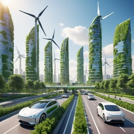 Prompt: A futuristic eco-friendly city skyline powered by solar panels and wind turbines, with artificial intelligence optimizing energy use, smart buildings covered in greenery, and self-driving electric vehicles on the roads.